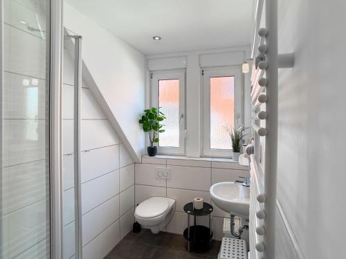 a white bathroom with a toilet and a sink at FeWo Oldeoog OG - Horumersiel in Horumersiel