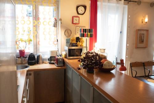 - une cuisine avec un comptoir et un four micro-ondes dans l'établissement Authentic And Charming Accommodation, à Paris