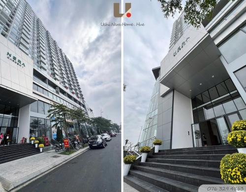 two pictures of a building and a street at Căn hộ du lịch tại Huế in Thôn Văn Dương