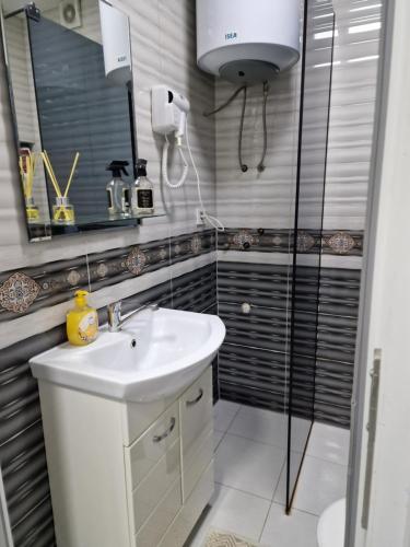 a bathroom with a sink and a shower at M and M Apartment in Ohrid