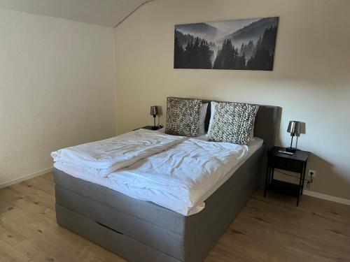 a bedroom with a large bed with two lamps on it at Ferienwohnung am Waltenberg in Winterberg