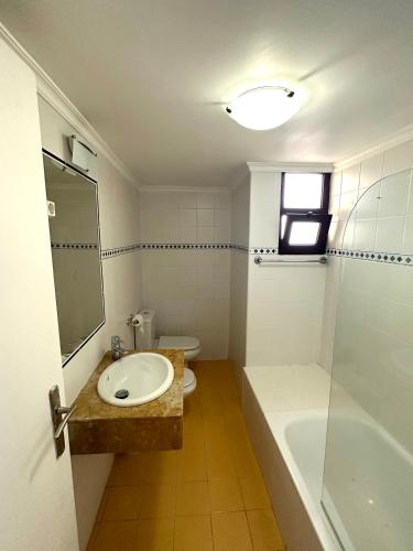 a bathroom with a sink and a tub and a toilet at Quarto de Casal Privativo- Room 1 in Santa Cruz