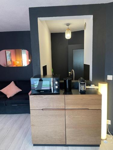 une cuisine avec un comptoir avec un micro-ondes dessus dans l'établissement Superb apartment for 4 people, center - auto museum, à Mulhouse