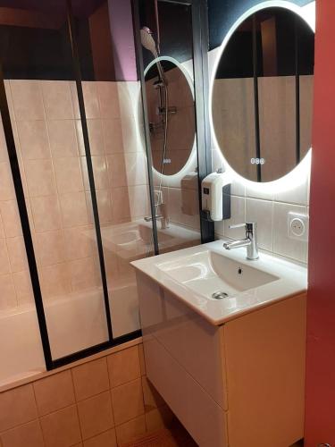 une salle de bain avec un lavabo, une douche et un miroir dans l'établissement Superb apartment for 4 people, center - auto museum, à Mulhouse