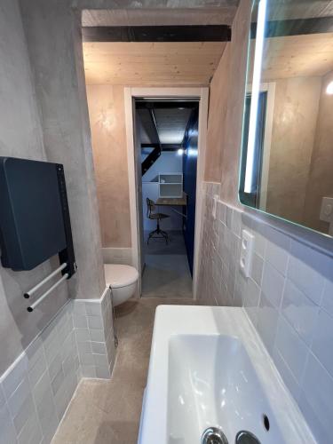 une salle de bain avec un lavabo, des toilettes et un miroir dans l'établissement Folie sur Cour à Palavas-les-Flots 3 etoiles, à Palavas-les-Flots