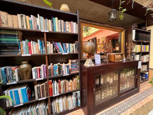 a library with two shelves filled with books at Hotel Pinomar in El Puerto de Santa María