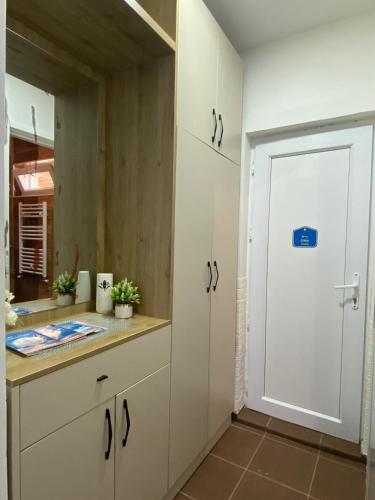 a kitchen with a white cabinet and a door at Apartmani AVLIJA in Ribare