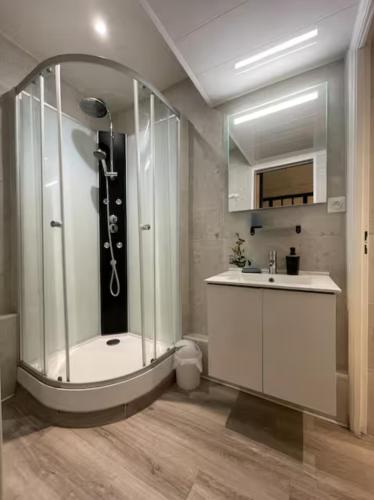 une salle de bain avec douche et lavabo dans l'établissement Cabana, à Mâcon