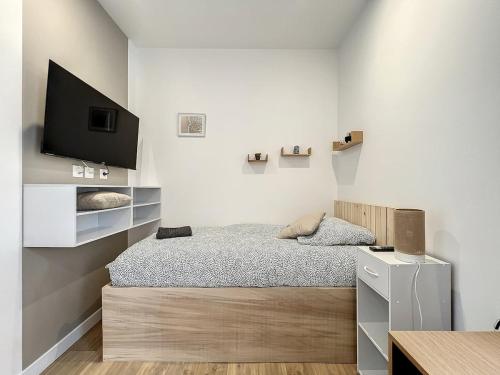 une chambre avec un lit et une télévision à écran plat dans l'établissement Le Saint Michel - Studio proche gare, à Saint-Brieuc