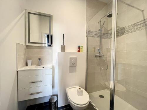 une salle de bain avec une douche, des toilettes et un lavabo dans l'établissement Le Saint Michel - Studio proche gare, à Saint-Brieuc