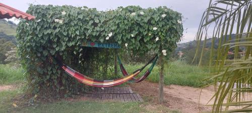 a hammock in front of a hedge with flowers at Pousada e Camping Tio Wil in Extrema