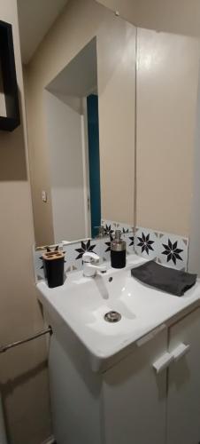 une salle de bain avec un lavabo et un miroir dans l'établissement La Marne, à Meaux