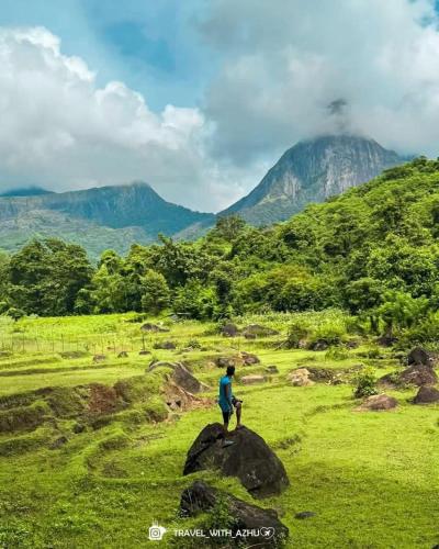 a person standing on a rock in a field at Abimansala Resort in Hunnasgiriya