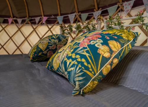 two pillows on a bed in a room at Self Contained Yurt - Barbadoes in Tintern