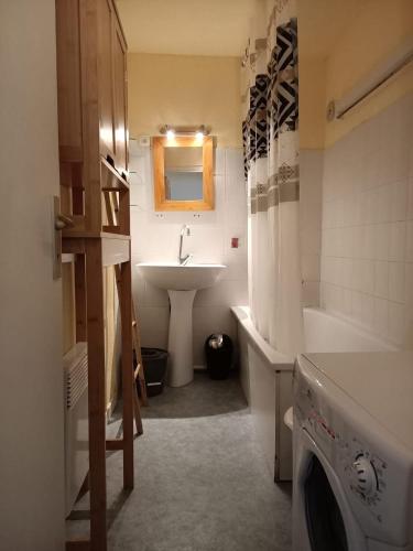 une salle de bain avec un lavabo et une machine à laver dans l'établissement Vacances face à la mer!, à Guidel
