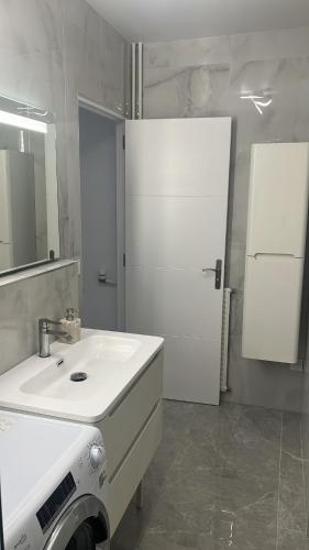 La salle de bains est pourvue d'un lavabo blanc et d'un lave-linge. dans l'établissement Appartement au cœur de Vannes, à Vannes