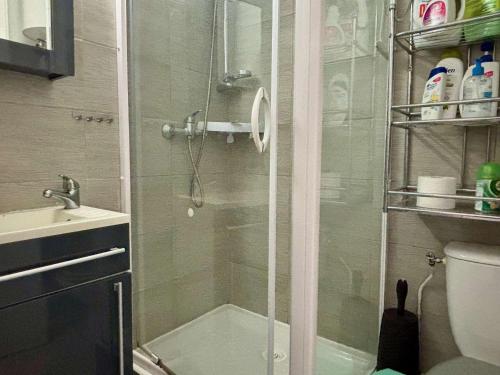 une douche avec une porte vitrée dans une salle de bain dans l'établissement Studio cosy à Argelès-sur-Mer, proche mer, parking inclus - FR-1-225-605, à Argelès-sur-Mer