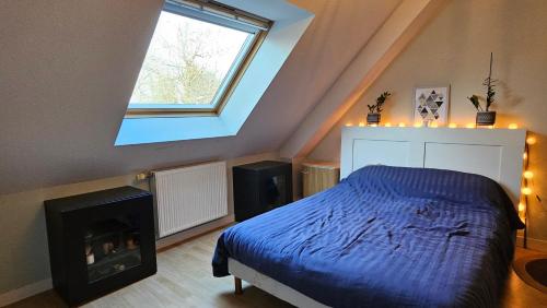 une chambre avec un lit bleu et une fenêtre dans l'établissement Maison - plescop - jardin - wifi, à Plescop