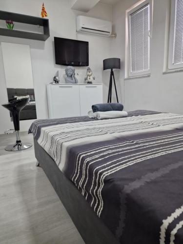 a bedroom with a large bed and a flat screen tv at M and M Apartment in Ohrid