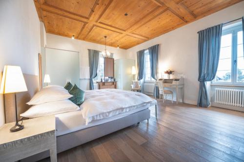 a bedroom with a large bed and a desk in it at Château Salavaux in Salavaux