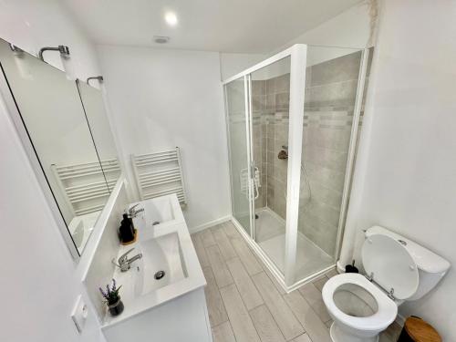 une salle de bain blanche avec douche et toilettes dans l'établissement Maison 5 chambres, à Ocquerre