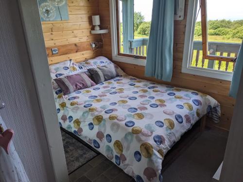 a bed in a small room with two windows at Enlli Fach cabin sleep's 2 adults and 2 children 2 dogs welcome not suitable for contract workers due to parking height restrictions in Borth