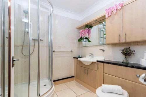 a bathroom with a shower and a toilet and a sink at Cosy Studio Apartment Town Centre Location in Middlesbrough