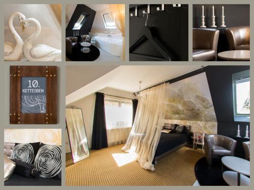 a collage of photos of a room with a swan at Villa Oliva Boutique Rooms Zamárdi in Zamárdi