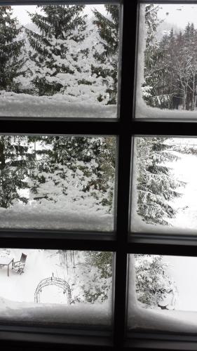 a view from a window of a snow covered park at Holzwerk Oybin in Kurort Oybin