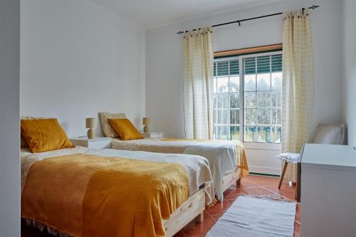 Un dormitorio con dos camas y una ventana. en Chalé da Malvarosa, en Atouguia da Baleia