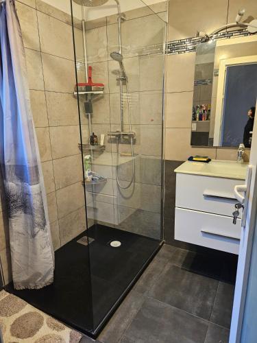 une douche avec une porte vitrée dans une salle de bain dans l'établissement Maison de village, à Pietracorbara