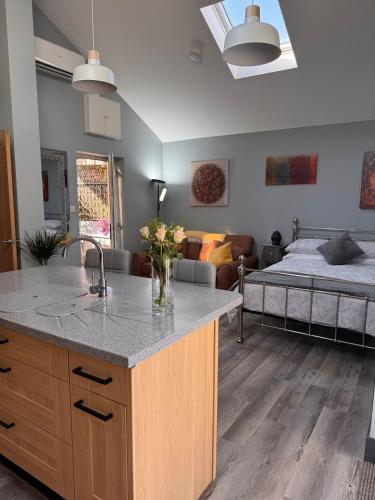 a kitchen and living room with a bed at Wend Gardens Studio Carleton Skipton Pet Friendly in Skipton
