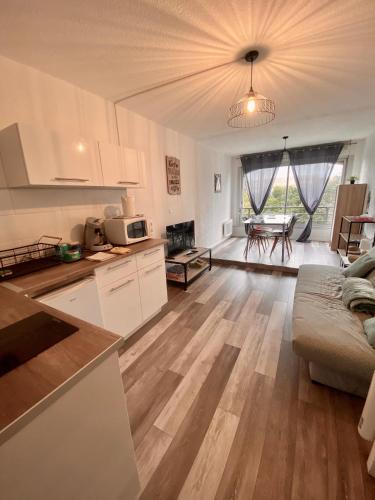 une cuisine et un salon avec un canapé et une table dans l'établissement Joli studio cabine centre port la baleine rose, au Cap d'Agde