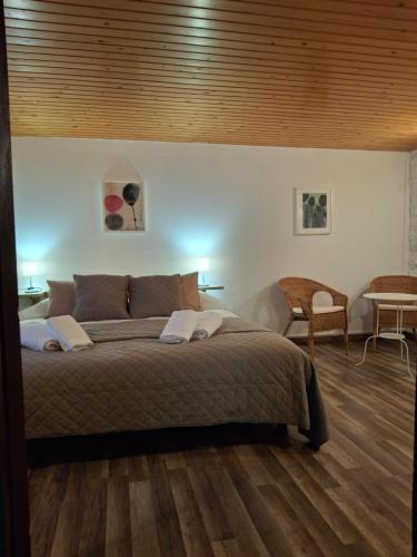 a bedroom with a large bed with a wooden ceiling at Cal Tonico Rural in Ribes de Freser