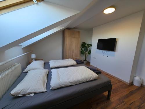 a bedroom with two beds and a tv on the wall at Hotel New Town in Dresden