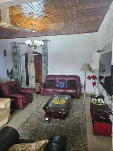a living room with couches and a coffee table at Rose Garden Apartments in Limbe