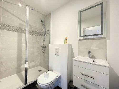 une salle de bain avec toilettes, douche et lavabo dans l'établissement Studio sous les toits Tour d'auvergne, à Saint-Brieuc