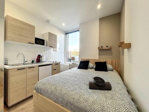 une petite chambre avec un lit et un lavabo dans l'établissement Studio Croix Saint Lambert - Proche gare, à Saint-Brieuc