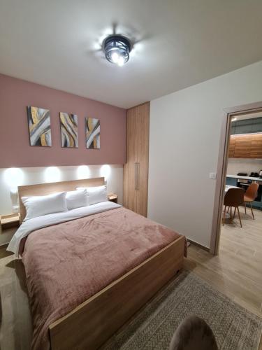 イグメニツァにあるZigos Apartmentsのピンクの壁の大きなベッドのある寝室
