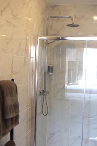 a shower with a glass door in a bathroom at Ashes Seafood Restaurant Accommodation in Dingle