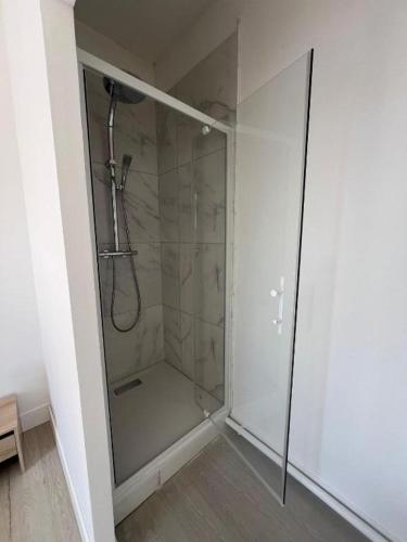 La salle de bains est pourvue d'une douche à l'italienne et d'une porte en verre. dans l'établissement Le Robespierre, à Rouen