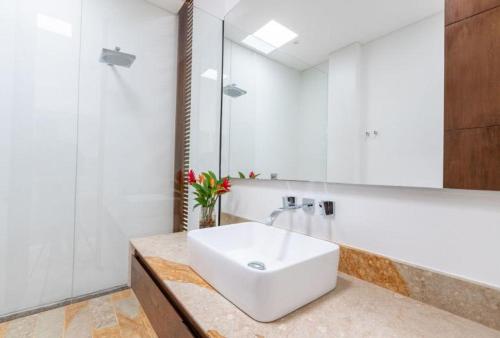 アナポイマにあるClassy 4BR Villa with Pool at Mesa de Yeguasの白い洗面台と鏡のあるバスルーム