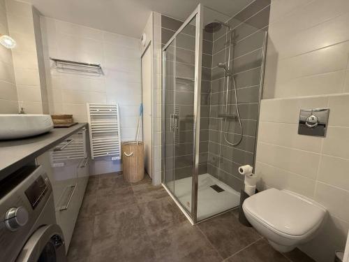 une salle de bain avec une douche, des toilettes et un lavabo dans l'établissement T2 centre ville/Plage/Commerces/Clim, au Lavandou