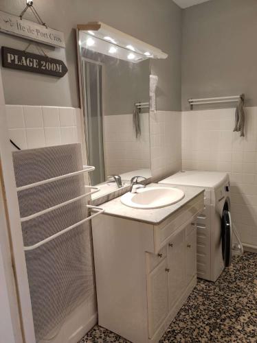 une salle de bain avec un lavabo et une machine à laver dans l'établissement T2- Piscine- Commerces- Plages- Clim, au Lavandou