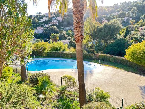 un palmier à côté d'une piscine dans l'établissement Jolie maison, 3 chambres, jardin, piscine partagée, à Roquebrune-sur Argens