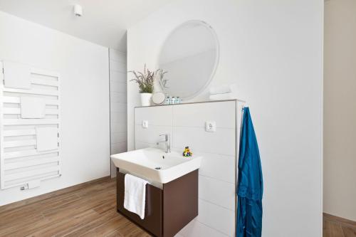 un baño con lavabo y espejo en Shell 65 - On-Suite Apartment ohne Küche in Olpenitz, en Olpenitz