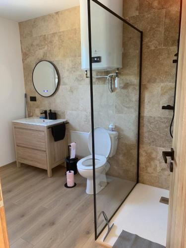 une salle de bain avec toilettes et lavabo dans l'établissement Gîte Lavande Luberon, à Saint-Saturnin-lès-Apt