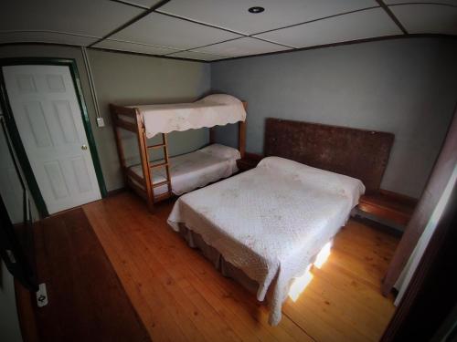 a bedroom with a bunk bed and a ladder at Hospedaje Leñas del Tolosa in Las Cuevas