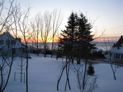 a sunset over a snow covered yard with trees at Auberge À La Chouenne in La Malbaie