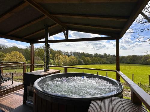 a hot tub on a deck with a view of a field at Luna Domes in Chiddingstone